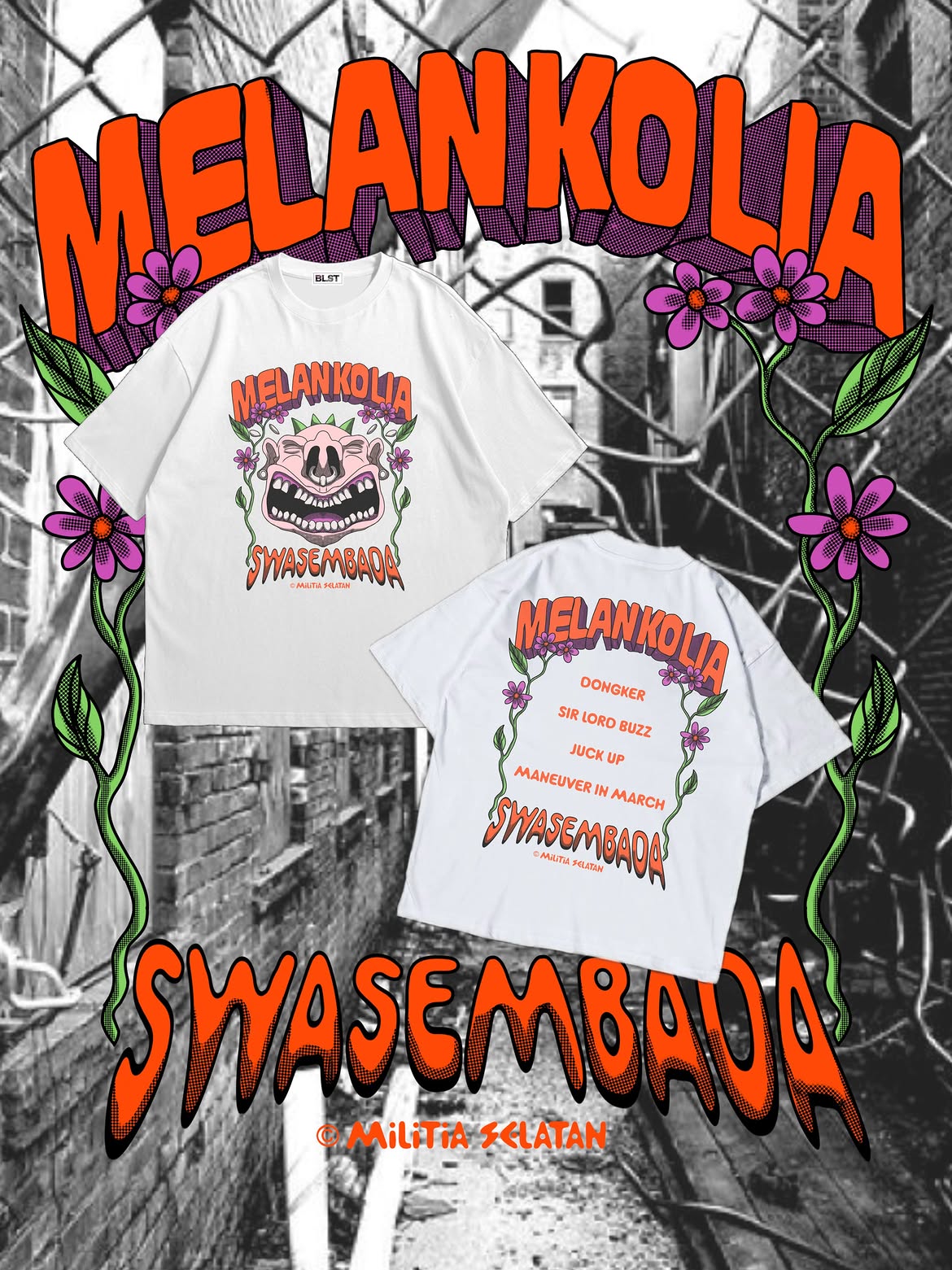 Katalog merchandise Swasembada Melankolia — kaos putih, tampak depan dan belakang