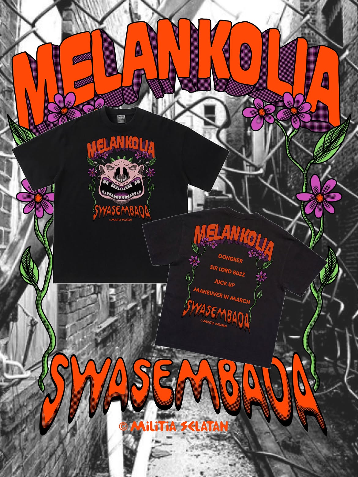 Katalog merchandise Swasembada Melankolia — kaos hitam, tampak depan dan belakang